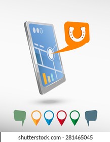 Horseshoe and perspective smartphone vector realistic. Set of bright map pointers for printing, website, presentation element and application mockup.