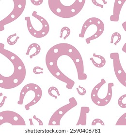 Horseshoe. Pink silhouettes. Symbol of happiness in different sizes. Seamless vector pattern. Endless ornament. Isolated colorless background. St. Patricks Day. 