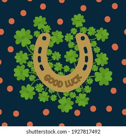 A Horseshoe poster on Patrick's Day for good luck. Postcard with clover for the festival. Illustration of a Golden horseshoe for a Holiday drawn in vector. Vector illustration