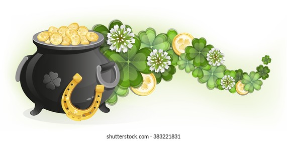 Horseshoe and pot with gold coins on waved clover. St. Patrick's Day symbol