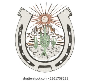 Horseshoe print design. Desert vibes vector. Arizona desert graphic print artwork for apparel, t shirt, sticker, poster, wallpaper and others. Feel the sunset. desert cactus artwork. Joshua tree.