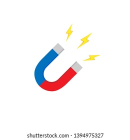 
Horseshoe red-blue magnet with yellow lightning, a sign of strength. Magnetism, magnetization concept