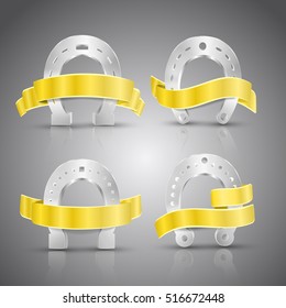 Horseshoe and ribbon concept icons set for horse year realistic isolated vector illustration