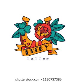 Horseshoe, rose flower, ribbon and word Lucky, classic American old school tattoo vector Illustration on a white background