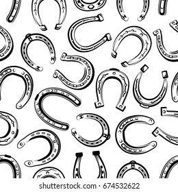 Horseshoe seamless pattern background. Old horseshoe, symbol of luck and fortune, forged horse equipment for equestrian sport themes or success concept design