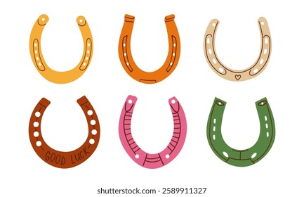 Horseshoe set cartoon. shoe luck, lucky clover, western howdy horseshoe sign. Isolated symbol vector illustration ,wild west cowboy accessories .