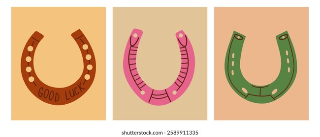 Horseshoe set cartoon. shoe luck, lucky clover, western howdy horseshoe sign. Isolated symbol vector illustration ,wild west cowboy accessories .