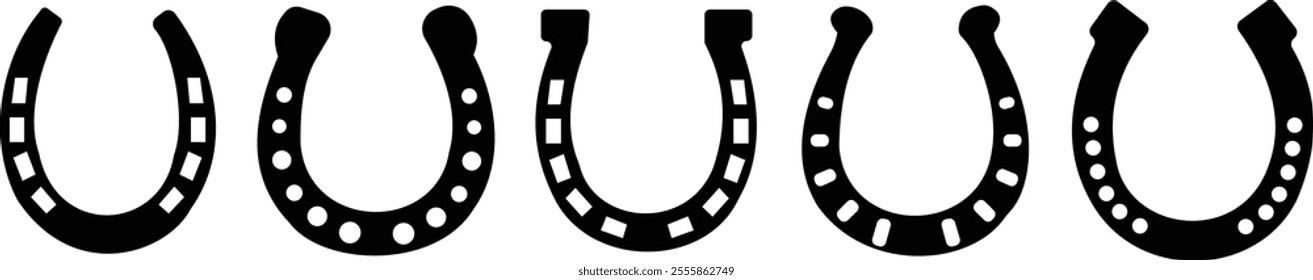 Horseshoe set. Vintage vector engraving for info graphic, poster, web. Black on transparent background, Make a wish. Metal western talisman icon or sticker. Superstition symbol. Hope for the best.