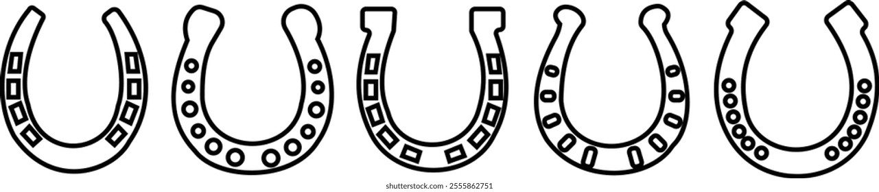 Horseshoe set. Vintage vector engraving for info graphic, poster, web. Black on transparent background, Make a wish. Metal western talisman icon or sticker. Superstition symbol. Hope for the best.