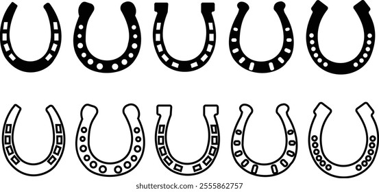 Horseshoe set. Vintage vector engraving for info graphic, poster, web. Black on transparent background, Make a wish. Metal western talisman icon or sticker. Superstition symbol. Hope for the best.