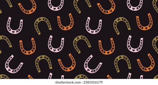 Horseshoe with shamrock color seamless pattern. Vector flat illustration in western and St. Patrick's aesthetic. Design for textile, fabric, background and packaging