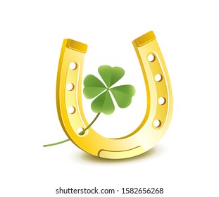 Horseshoe with shamrock,
New Year and Lucky Charms Card,
Vector illustration isolated on white background
