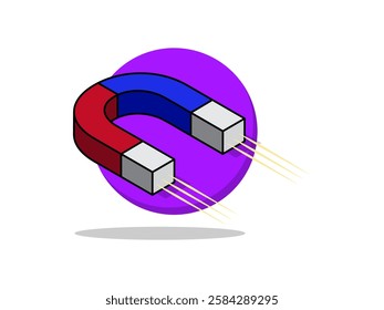 Horseshoe shape magnet isometric icon illustration design, with two south and north poles in red and blue colors, has an attractive force, realistic icon vector with black outline on a circle shape