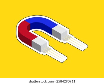 Horseshoe shape magnet isometric icon illustration design, with two south and north poles in red and blue, has an attractive force, realistic vector icon with sticker style on yellow background