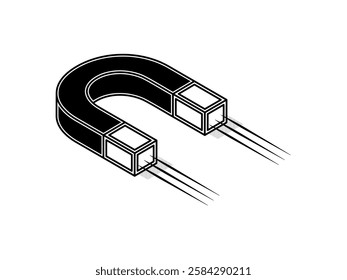 Horseshoe shape metal magnet isometric icon illustration design, has attractive force, realistic icon vector with black and white style isolated on white background