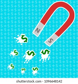 horseshoe shaped magnet with magnetic fields attracting money flat style vector illustration