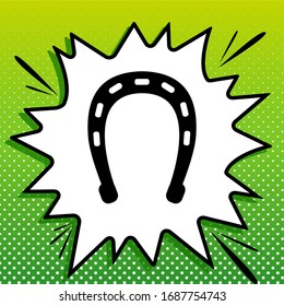 Horseshoe sign illustration. Black Icon on white popart Splash at green background with white spots. Illustration.
