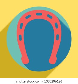 Horseshoe sign illustration. Sunset orange icon with llapis lazuli shadow inside medium aquamarine circle with different goldenrod shadow at royal yellow background.