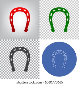 Horseshoe sign illustration. Vector. 4 styles. Red gradient in radial lighted background, green flat and gray scribble icons on transparent and linear one in blue circle.