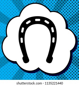 Horseshoe sign illustration. Vector. Black icon in bubble on blue pop-art background with rays.