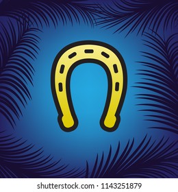 Horseshoe sign illustration. Vector. Golden icon with black contour at blue background with branches of palm trees.