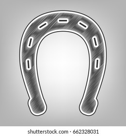 Horseshoe sign illustration. Vector. Pencil sketch imitation. Dark gray scribble icon with dark gray outer contour at gray background.