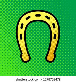 Horseshoe sign illustration. Vector. Pop art orange to yellow dots-gradient icon with black contour at greenish background.