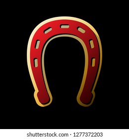 Horseshoe sign illustration. Vector. Red icon with small black and limitless shadows at golden sticker on black background.