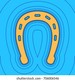 Horseshoe sign illustration. Vector. Sand color icon with black contour and equidistant blue contours like field at sky blue background. Like waves on map - island in ocean or sea.