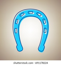 Horseshoe sign illustration. Vector. Sky blue icon with defected blue contour on beige background.