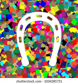 Horseshoe sign illustration. Vector. White icon on colorful background with seamless pattern from squares.