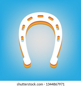 Horseshoe sign illustration. Vector. White icon with 3d warm-colored gradient body at sky blue background.