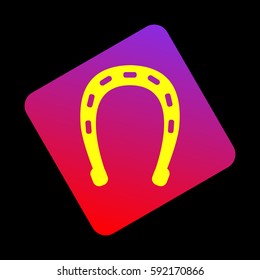 Horseshoe sign illustration. Vector. Yellow icon at violet-red gradient square with rounded corners rotated for dynamics on black background.
