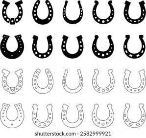 Horseshoe silhouette isolated on transparent background. Vintage Horseshoe icon in flat, line set horseshoe and symbol of luck Hand drawn lucky horseshoe Tattoo design Vector for apps or website