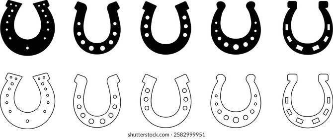 Horseshoe silhouette isolated on transparent background. Vintage Horseshoe icon in flat, line set horseshoe and symbol of luck Hand drawn lucky horseshoe Tattoo design Vector for apps or website