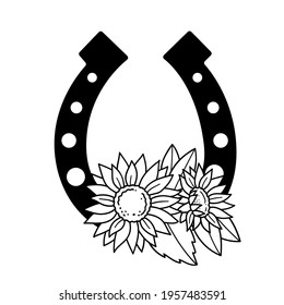 Horseshoe and Sunflower. Monogram. Outline drawing. Line vector illustration.  Isolated on white background. Design of invitations, wedding or greeting cards.