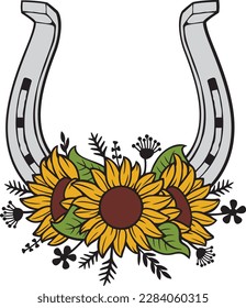 Horseshoe with Sunflowers (Floral Design). Vector Illustration.