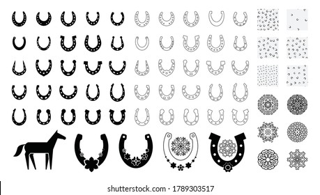 Horseshoe symbol icons collection. Big set of vector horses shoe signs, good luck graphic elements or symbolic talismans with flowers and horse silhouette, fortune pictograms, shapes, logos