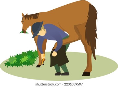 Horseshoe symbol or label, installing a  horseshoe vector illustration, the horse herdsman is putting the horseshoes on, farmer shoe a horse