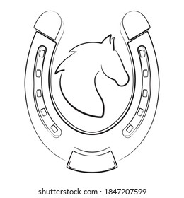 Horseshoe Symbol Or Label Vector Outline Illustration. Horseshoe Isolated On White Background