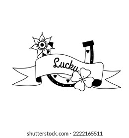 Horseshoe tattoo with text Lucky in y2k, 1990s, 2000s style. Emo goth element design. Old school tattoo. Vector illustration