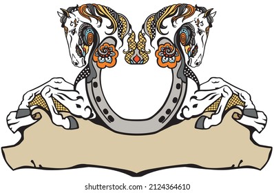 horseshoe and two decorative horses. Banner.Floral style decor, emblem, a symbol of luck and fortune. Vector illustration