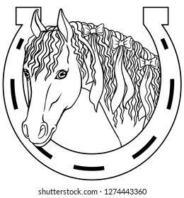 Horseshoe and two horses black vector illustration isolated on a transparent background