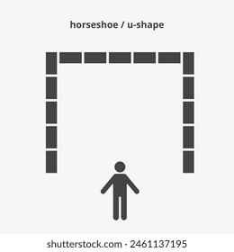 Horseshoe or u shape seating arrangements. Plan of seats in classroom, seminar or banquet. Scheme, blueprint, architectural plan. Vector illustration