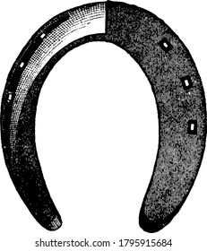Horseshoe is a u-shaped metal plate by which horses’ hooves are protected., vintage line drawing or engraving illustration. 