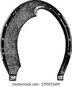 Horseshoe is a u-shaped metal plate by which horses’ hooves are protected., vintage line drawing or engraving illustration. 