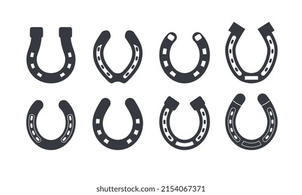 Horseshoe various silhouettes set, flat vector illustration isolated on white background. Black and white icons with concept of good fortune symbol. Talisman for good luck.