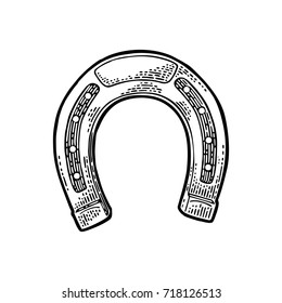 Horseshoe. Vintage black vector engraving illustration for info graphic, poster, web. Isolated on white background.