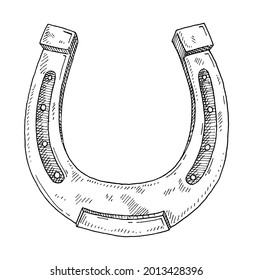 Horseshoe. Vintage hatching monochrome black illustration. Isolated on white background. Hand drawn ink design