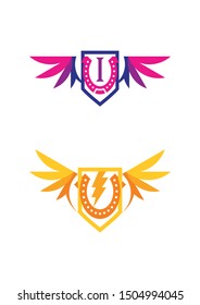 Horseshoe with wings on the shield logo design
